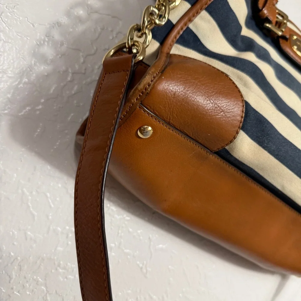 Michael Kors Hamilton Satchel Navy Cream Striped Canvas Leather Trim Handbag